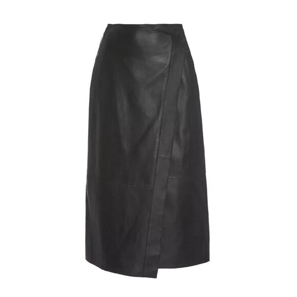 NWT Vince Lamb Leather Wrap Midi Skirt in Black 10 $1250